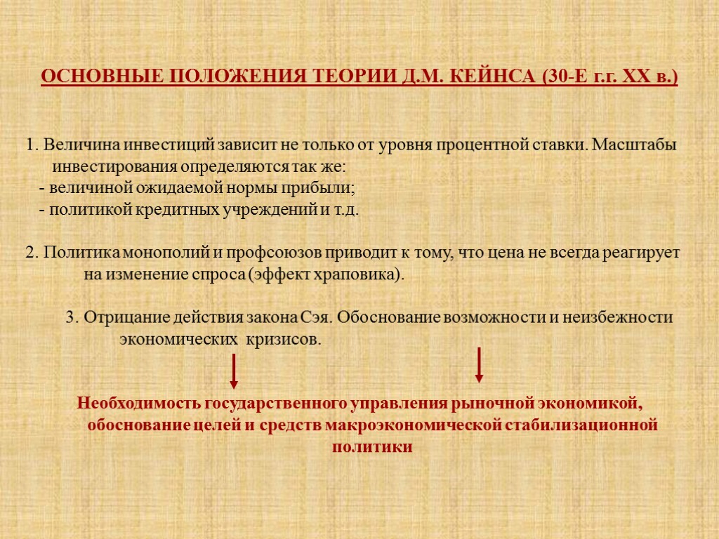 ОСНОВНЫЕ ПОЛОЖЕНИЯ ТЕОРИИ Д.М. КЕЙНСА (30-Е г.г. ХХ в.) 1. Величина инвестиций зависит не